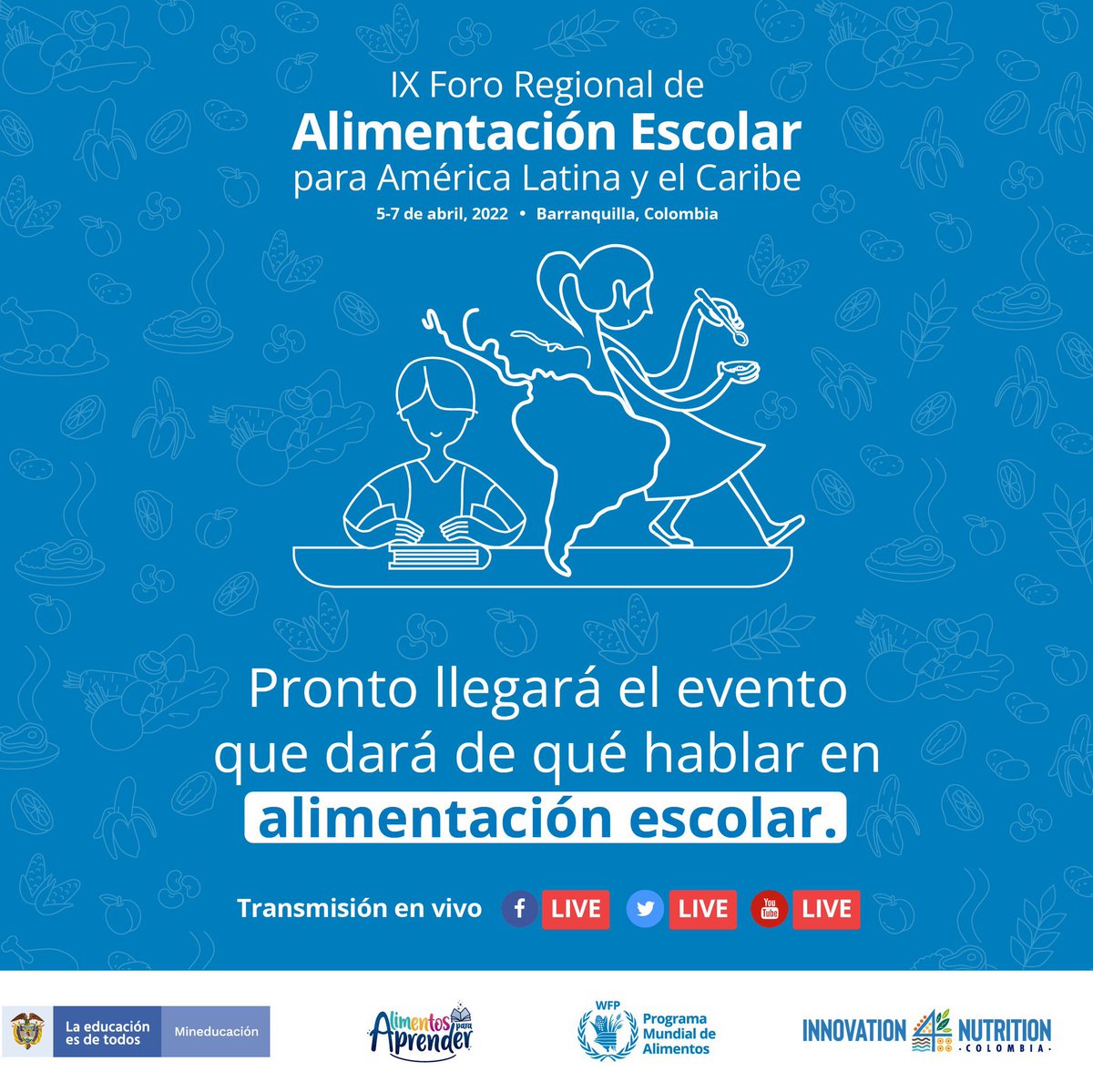 Llega a Barranquilla el IX #ForoRegional de Alimentación Escolar para América Latina y el Caribe (ALC), un encuentro que evidenciará los avances en proyectos de la región.
¡Sigue la transmisión en vivo y no te quedes por fuera! 
#alimentaciónescolar #comidasescolares