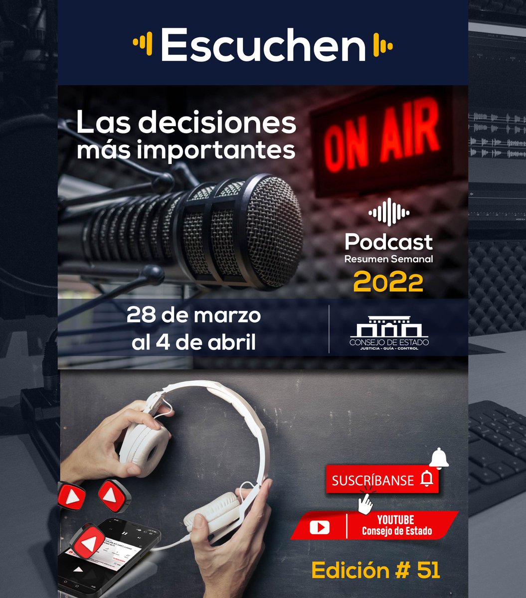 consejodeestado's tweet photo. #PodcastCE #ResumenNoticioso | 📻🎙  Iniciamos la semana con el resumen de las decisiones más importantes.
Semana del 🗓  28 de marzo al 4 de abril  en el Consejo de Estado
 ✅ ESCUCHE EL PODCAST EDICIÓN #51 Y SUSCRÍBASE👉 https://t.co/BbwjLY038o

#decisionesjudiciales https://t.co/08QZQJ5uI0