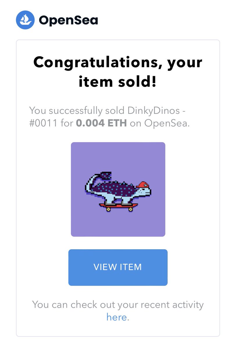 We were just drifting off to sleep when these two cheeky emails dropped into our inbox from <a href="/opensea/">OpenSea</a> 😍 Thank you to the amazing @C_C_NFT for giving 2 DinkyDinos a loving new home 🥰🦖

You really don’t know how much this means to us!! Welcome to the #fossilfam ❤️

#NFT #pixelart