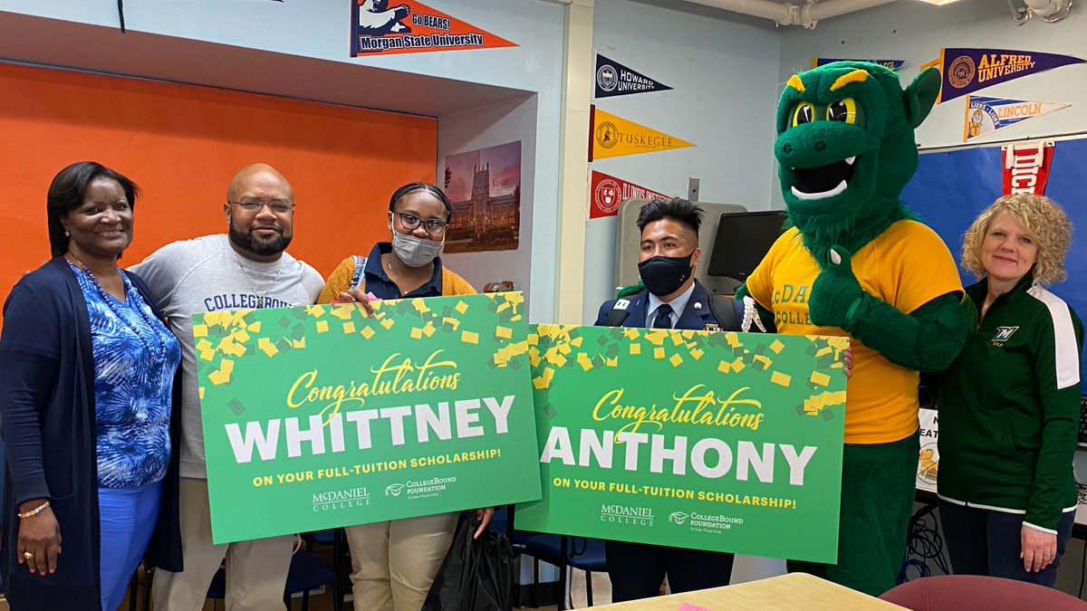 McDanielCollege's tweet photo. Amazing day! Representatives from McDaniel, including President Jasken &amp; the Green Terror, @BaltCitySchools &amp; @CollegeBoundFnd surprised five Baltimore City high school seniors with full-tuition scholarships!
Congratulations to this year's recipients! 💚 💛https://t.co/kVXGawBzgn https://t.co/Kaj3FTapxX