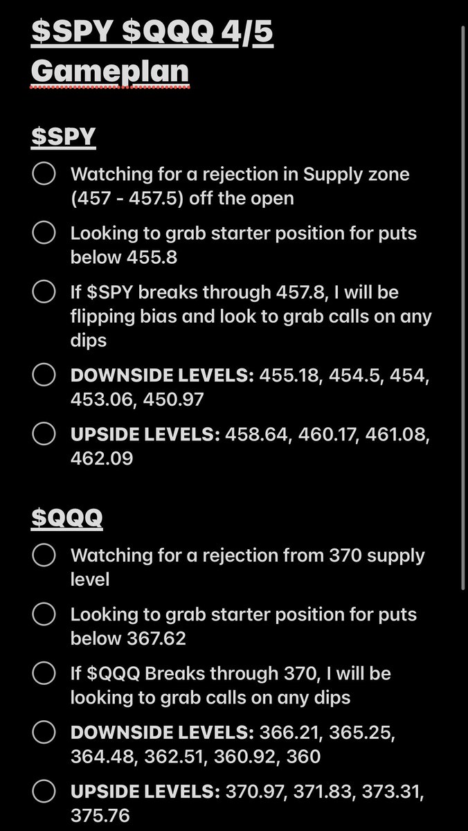 KeyflowTrades's tweet photo. $SPY $QQQ 4/5 Gameplan

Met my 457-458 area target today on $SPY #ES_F, I mentioned how I was short term bullish. /ES Supply lies right at 4580 as well, which was hit today

I expect daily magnitude to reject tomorrow for a move back down 453 area. 

I am now officially bearish🐻 https://t.co/w1HMVAvnGx