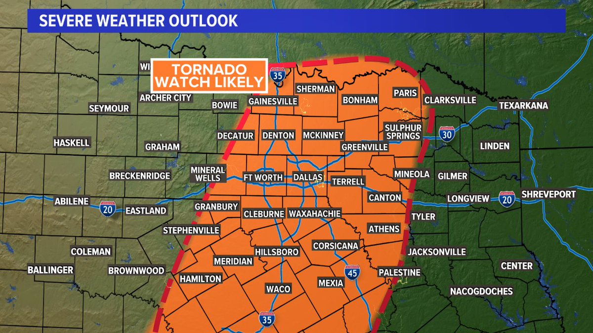 wfaaweather's tweet photo. A tornado watch will likely be issued this evening. The forecast hasn't changed. The main risk is still damaging wind gusts up to 70 mph. But, because the tornado risk isn't zero, a watch will likely be in place. #wfaaweather https://t.co/6KTdl5mz8s