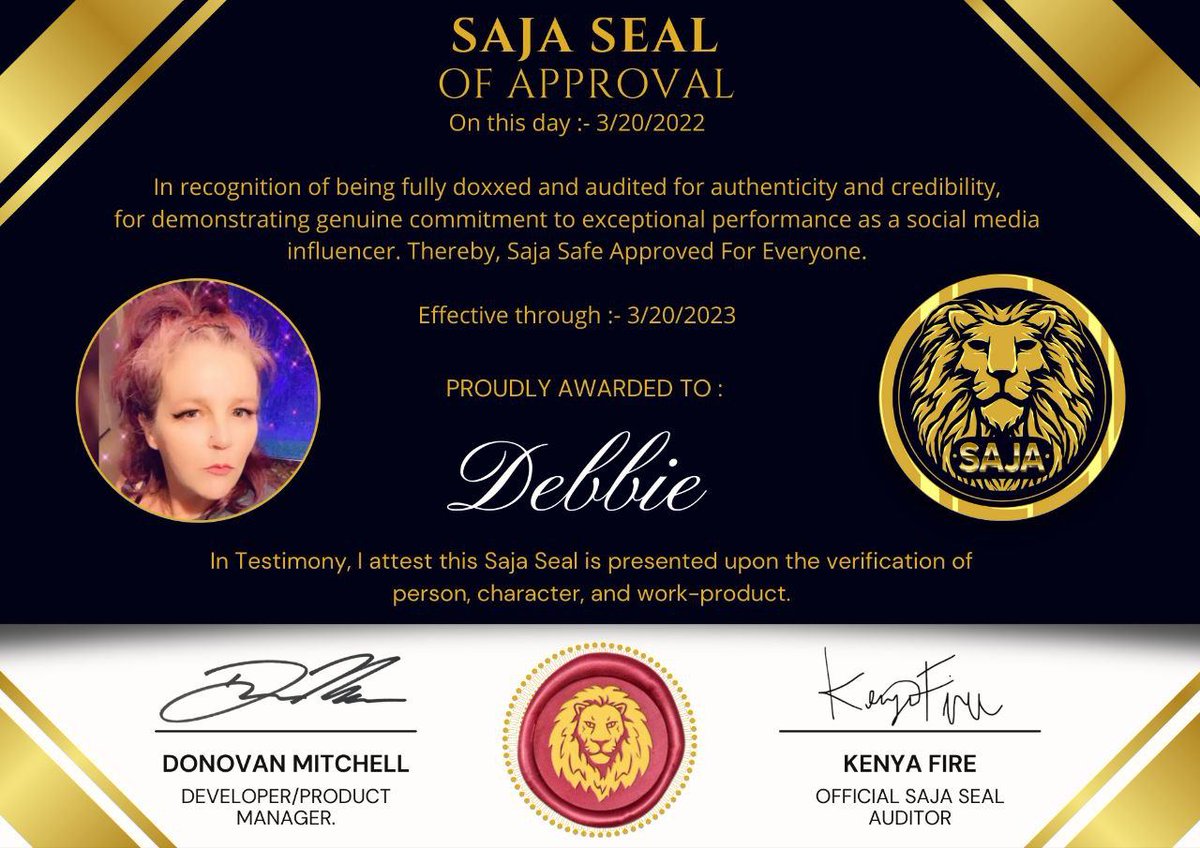 dksm73's tweet photo. As  the first to apply for the #sajaseal &amp; a die hard #saja holder I am excited to announce that I am verified &amp; am 100% fully doxxed! The fact that I am on a list with @Cryptobolix &amp; @2bitcrypto_YT among others is just icing on the cake! #cryptocurrency $sja $Btc $eth $ada $sol https://t.co/Jnpf1MJvIZ