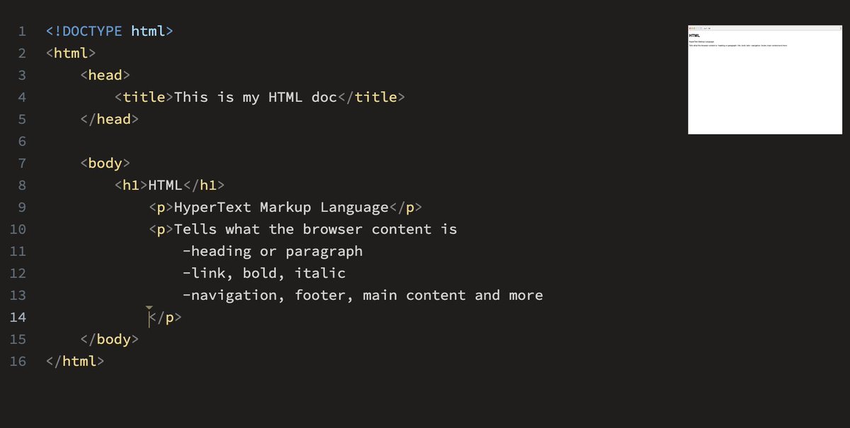 duenasdevelops's tweet photo. Day #45 worked with the structure of html document today, white space is not a factor in html. A basic document structure is 
<!DOCTYPE html> 
<html lang=”en”> 
<head</head>
        <body</body>
</html> https://t.co/I8cV1kNkBu