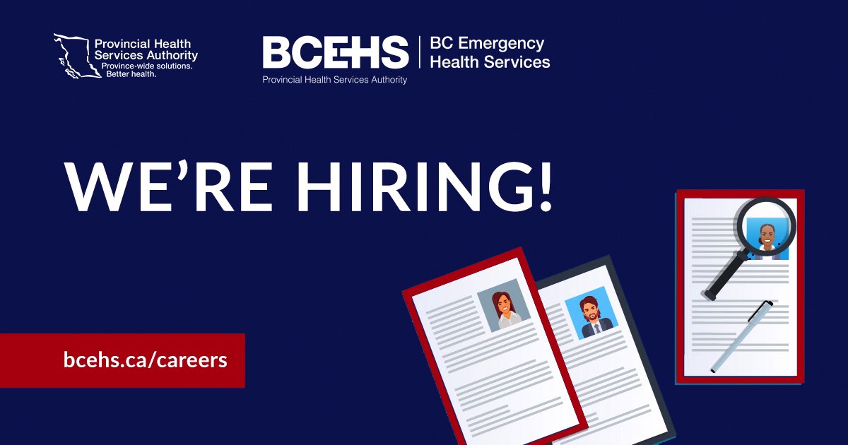 Interested in working for <a href="/BC_EHS/">BC Emergency Health Services</a>?? 

We have a number of full time ACP &amp; PCP positions around the province!! 🚑 

Apply today &amp; start the process!! 

bit.ly/35KGMuk

#wearehiring #paramedic