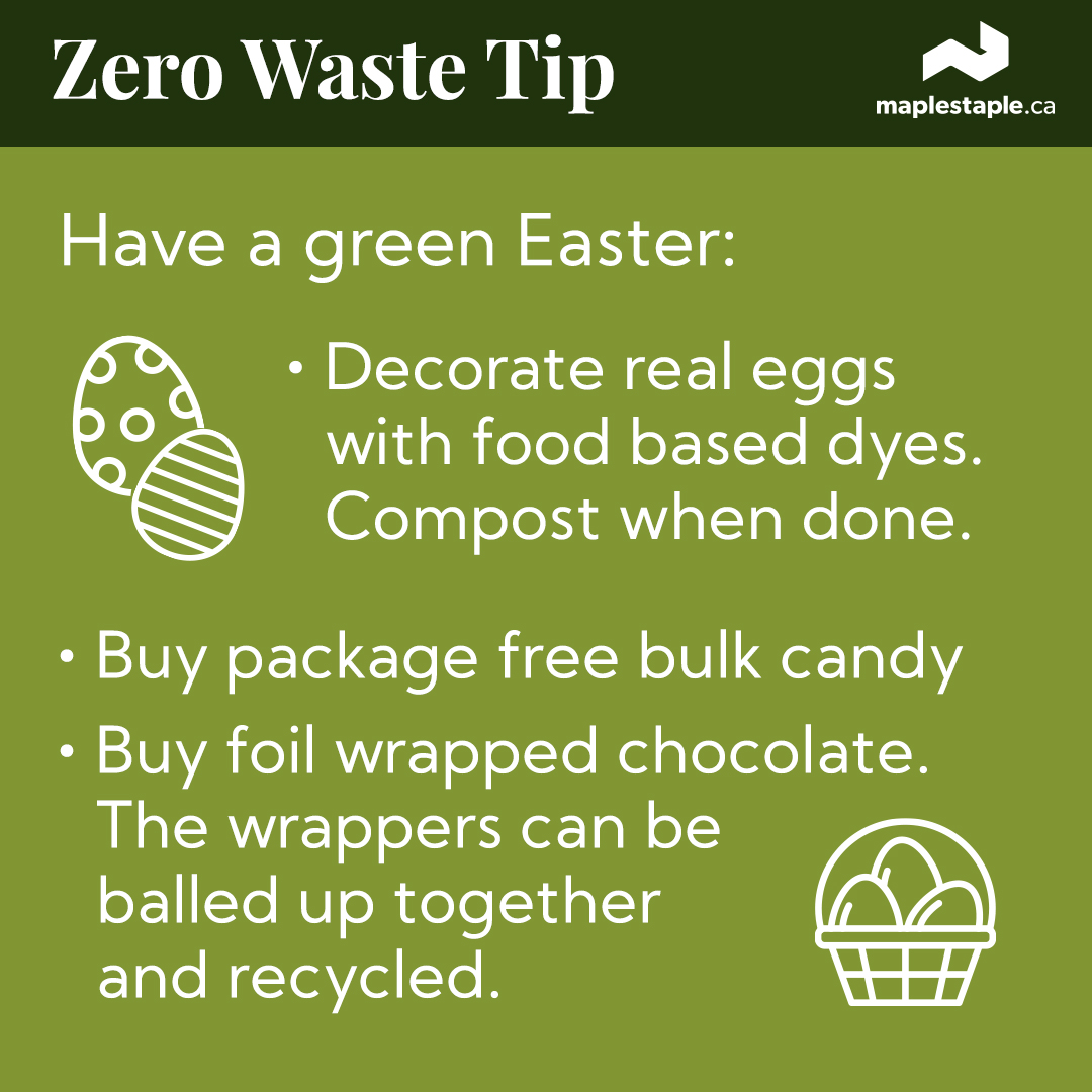 MapleStapleCA's tweet photo. Zero waste Easter tips:
- Decorate real eggs with food based dyes.
- Buy candy in bulk (from us!)
- Buy foil wrapped chocolate. The wrappers can be balled up together and recycled.

#zerowaste 
#ecofriendlyeaster 
#easter 
#vancouverdelivery 
#zerowasteeaster 
#zerowastehome https://t.co/v9iSfN4Zgn