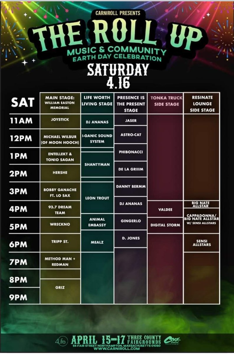 @Carniroll Saturday Line-Up!!  Am I Smelling a @methodman and @REALCAPPADONNA Ice Cream collaboration?  Soooo excited #RollWithUs.  Will any @buytical or @ticalofficial be available?  🐝 🐝 🐝 🐝 🐝 🐝 @WuTangClan #wu4life #tical #TakingIntoConsiderationAllLives