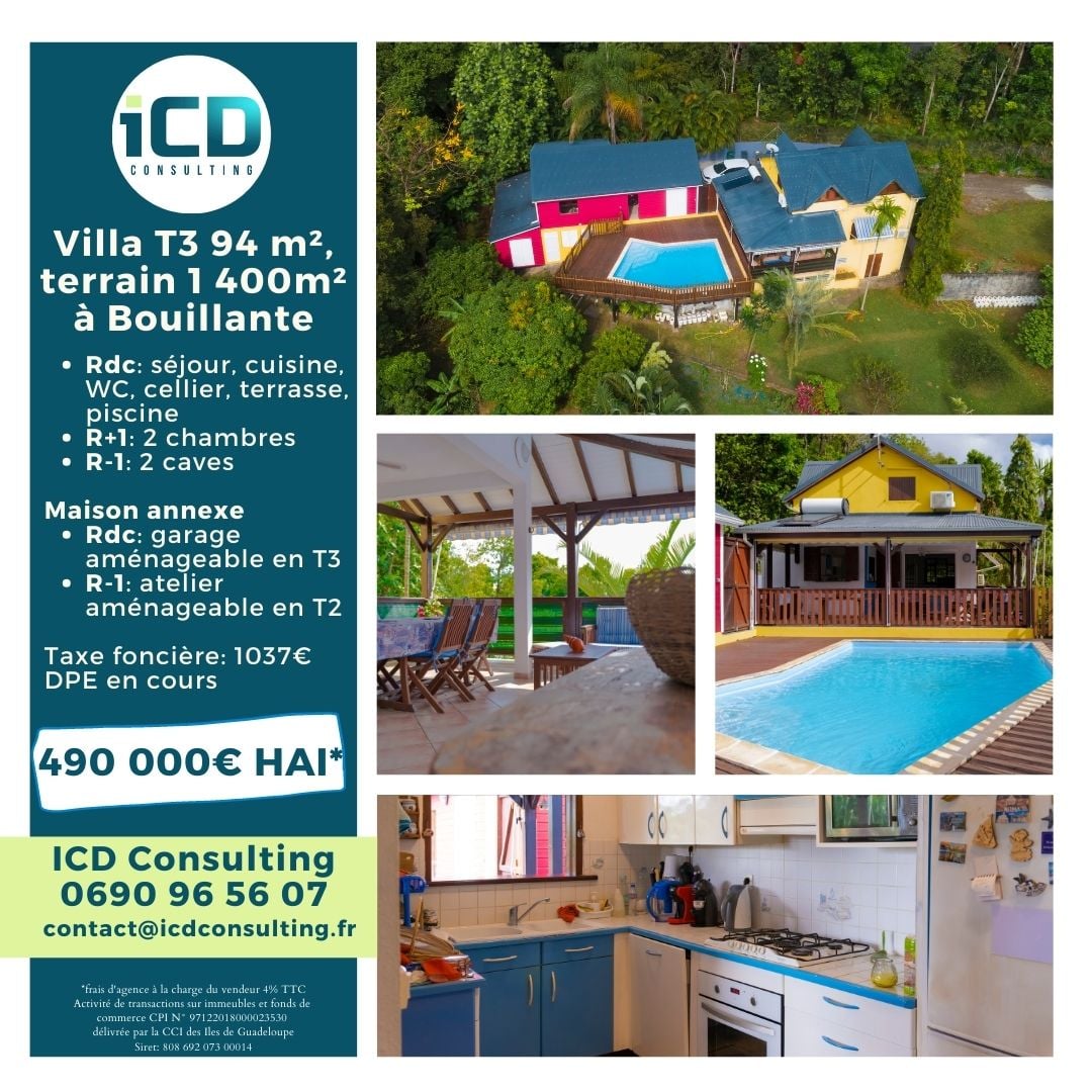 Icdconsult's tweet photo. A VENDRE à BOUILLANTE
Très belle maison nichée dans un écrin de verdure, sur un terrain de 1400m², avec vue campagne puis mer. 
Ses 94m² habitables comprennent : 
Contactez-nous 
ICD Consulting: 0690 96 56 07 
contact@icdconsulting.fr
#immobilier #vente #guadeloupe #icdconsulitng https://t.co/eEjS3og9NH