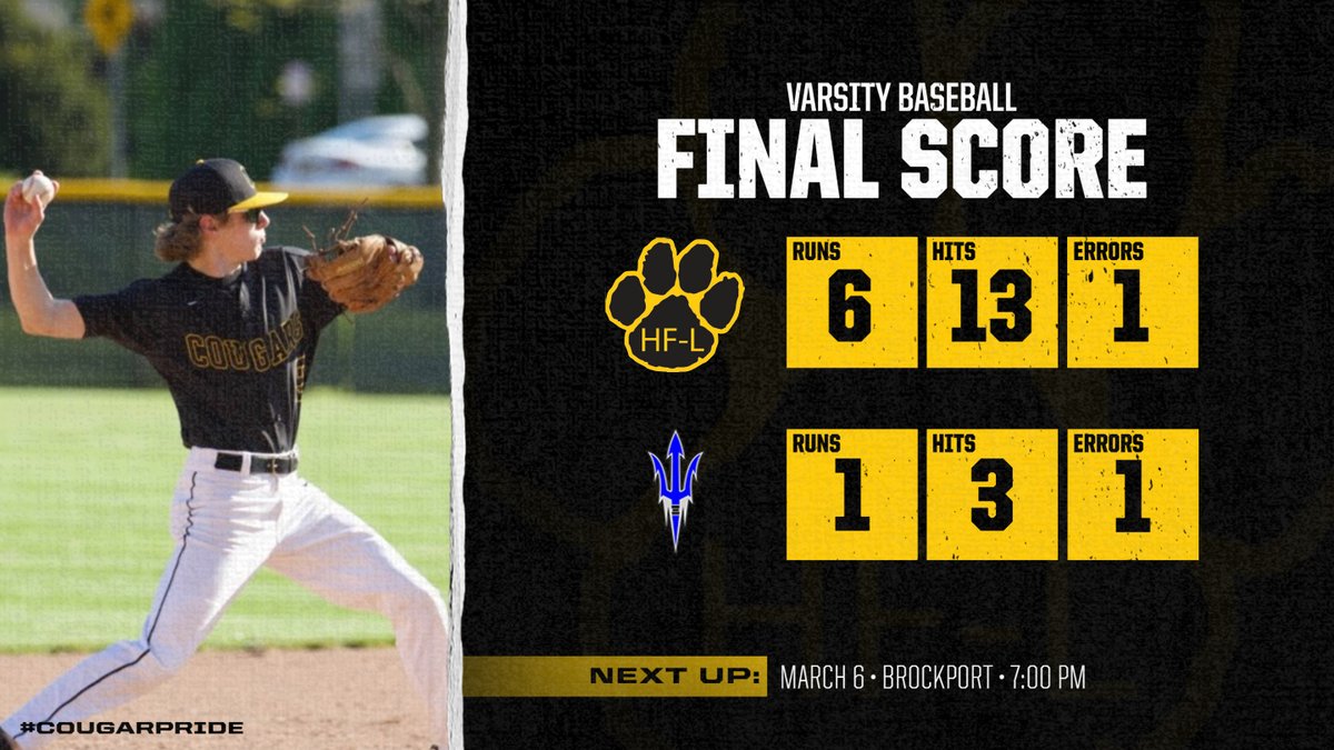 HFLCSDAthletics's tweet photo. The Varsity Baseball team won their season opener at @BCSDBlueDevils this evening. The Cougars will complete their home and away series with Brockport this Wednesday, April 6th, at home. #CougarPride https://t.co/xRW4pYQ8WX