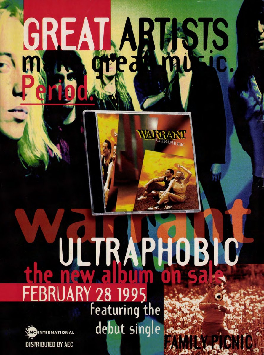 mymetalmags's tweet photo. Ad for Warrant's criminally underrated album Ultraphobic. Metal Edge magazine, May 1995. #warrant #warrantband #janilane #jerrydixon #erikturner #jameskottak #ricksteier #ultraphobic #cmcinternational https://t.co/CWjk4WDVj7