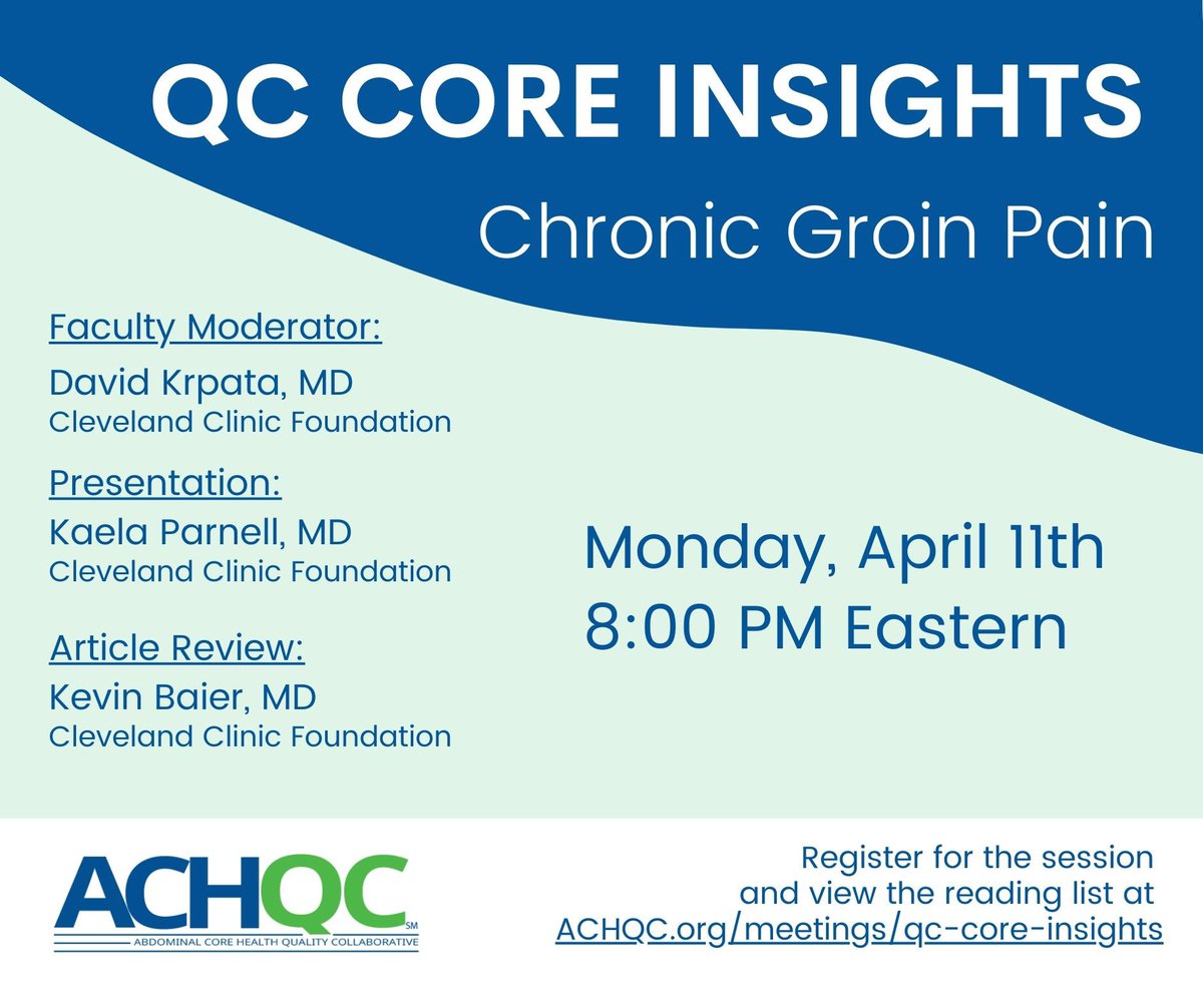 ACHQC (@achqc) on Twitter photo Who’s ready for our next Core Insights? Chronic Groin Pain, next Monday, April 11 at 8EST/7CST/5PST. For more information or to register, please go to ACHQC.org/meetings/qc-co…. <a href="/DKrpataMD/">David Krpata</a> @KaelaParnell Who’s ready for our next Core Insights? Chronic Groin Pain, next Monday, April 11 at 8EST/7CST/5PST. For more information or to register, please go to ACHQC.org/meetings/qc-co…. <a href="/DKrpataMD/">David Krpata</a> @KaelaParnell