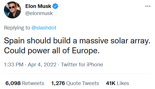ClaireMusk's tweet photo. Elon Musk's right... except when it's night, raining, snowing, foggy, the customer's too far away, consumption's not in line with generation, the panels degrade every year, or that battery storage will cost trillions.
But other than that, #PhonyStark's right. #NotAnEngineer https://t.co/IC10mP8uu0