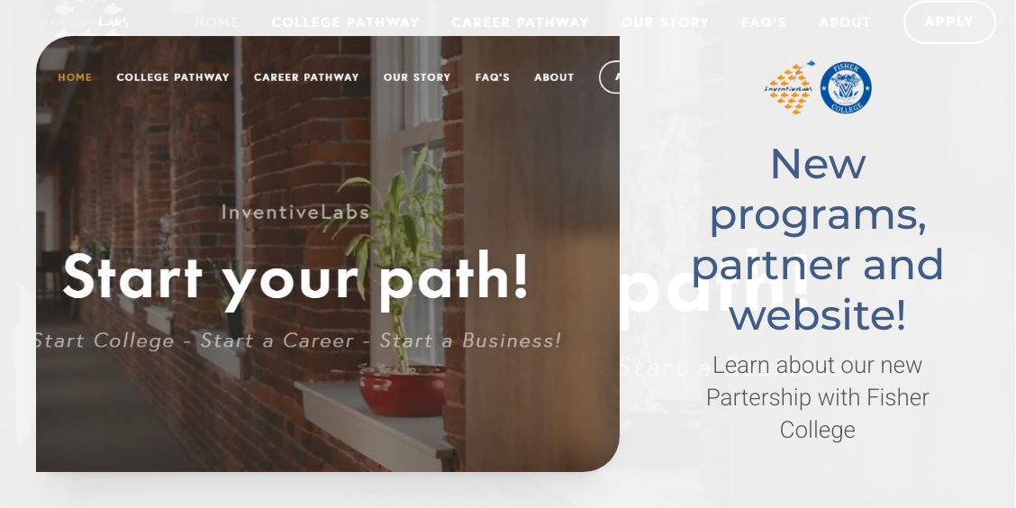Newsflash - New website, programs and Fisher College - mailchi.mp/e4944199a1f8/n… InventiveLabs is partnering with Fisher College to enhance its Gap Year programs - attendees earn 24 credits while they actually start college within the supporting environment of the Lab. Apply now!