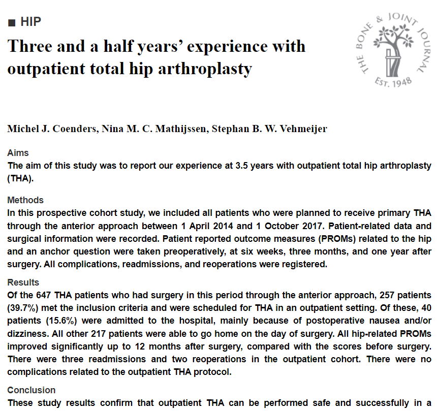 woolley_dr's tweet photo. These study results confirm that outpatient THA can be performed safely &amp; successfully in a selected group of patients, with satisfying results, &amp; without outpatient-related complications, readmissions &amp; reoperations.

#arthroplasty #ortho

https://t.co/WVQXOoALlJ https://t.co/sqFt0x79Sp