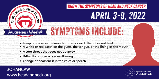 Do you have a red or white spot in your mouth that doesn't heal; a sore throat or swollen tonsil; changes in your voice; a lump in your neck; or an earache? Don’t ignore it! The symptoms of head and neck cancer are easy to overlook. Learn more at bit.ly/3Nf6jwy  #ohancaw
