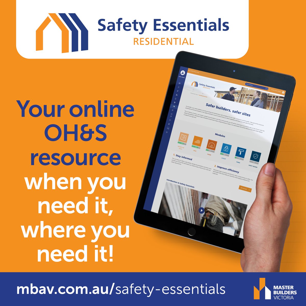 The Safety Essentials Residential Training portal is a new online resource to help Victorian domestic builders understand their key legal OHS obligations & risks throughout all critical phases of construction. @mbavic For more info & to subscribe, visit mbav.com.au/safety-essenti…