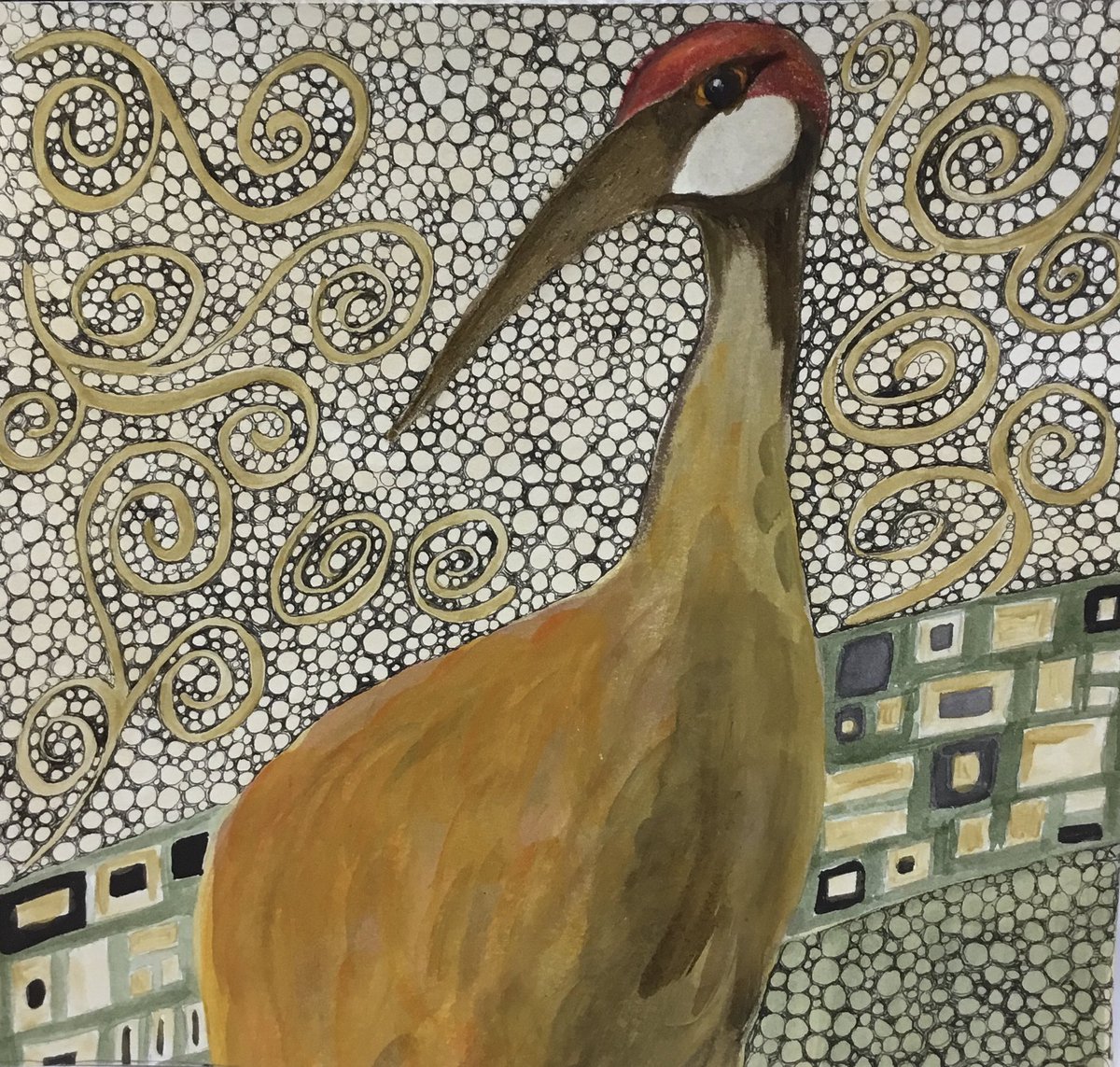 Sandhill Crane. (Ink, watercolor, and acrylic) Several  mornings this week I have watched and listened to a pair of cranes. They spend their mornings in last years corn field.