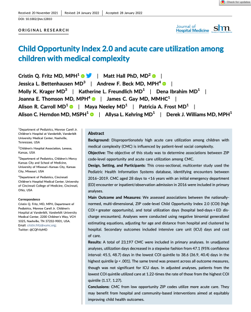 JHospMedicine's tweet photo. Does neighborhood opportunity impact acute care use by Children with Medical Complexity? Children with Medical Complexity from low opportunity neighborhoods require more acute care #COI #healthdisparities #careutilization
https://t.co/ggrsp2OzCa https://t.co/JZ5eumy8Cd