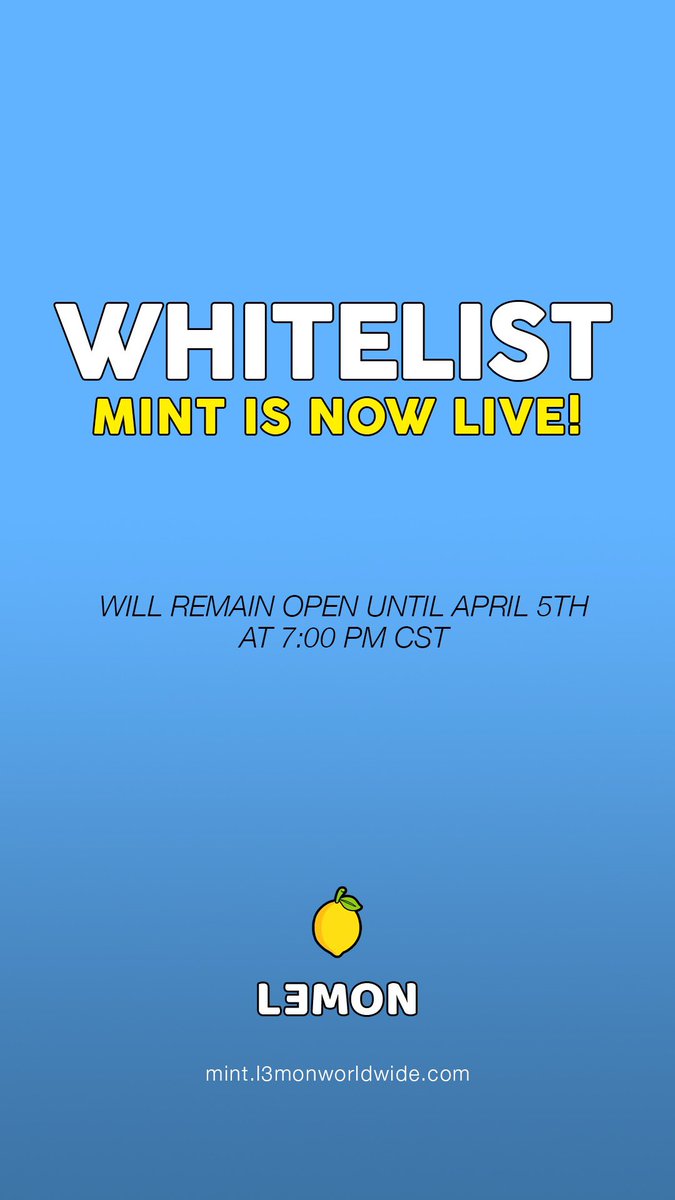 l3monworldwide's tweet photo. WHITELIST MINT LIVE NOW 🍋🌐 https://t.co/8GRNSdAkhd