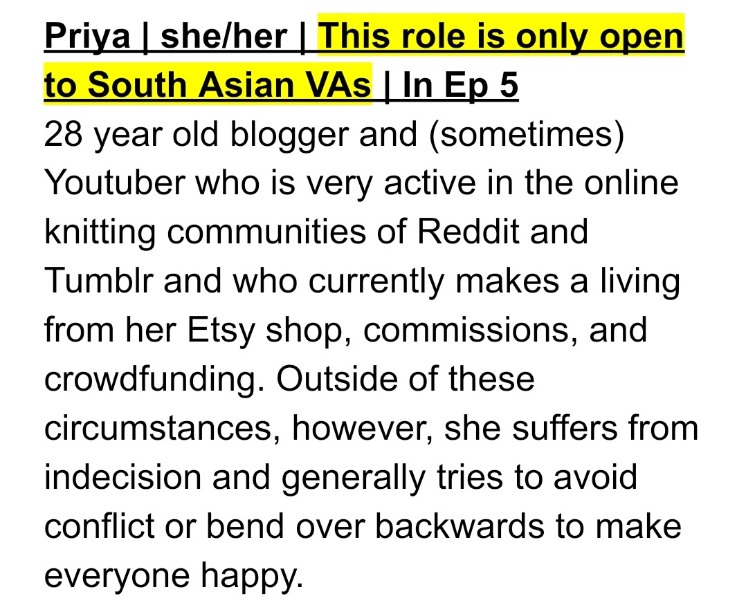 actnaturalpod's tweet photo. Today I'd like to highlight another character in our casting call!

Priya is only open to South Asian VAs! She's a kind, very indecisive blogger. The script is a funny and intense piece of sci-fi. Audition here: https://t.co/b9hnjU3HOl https://t.co/ZK1gHzWZvF