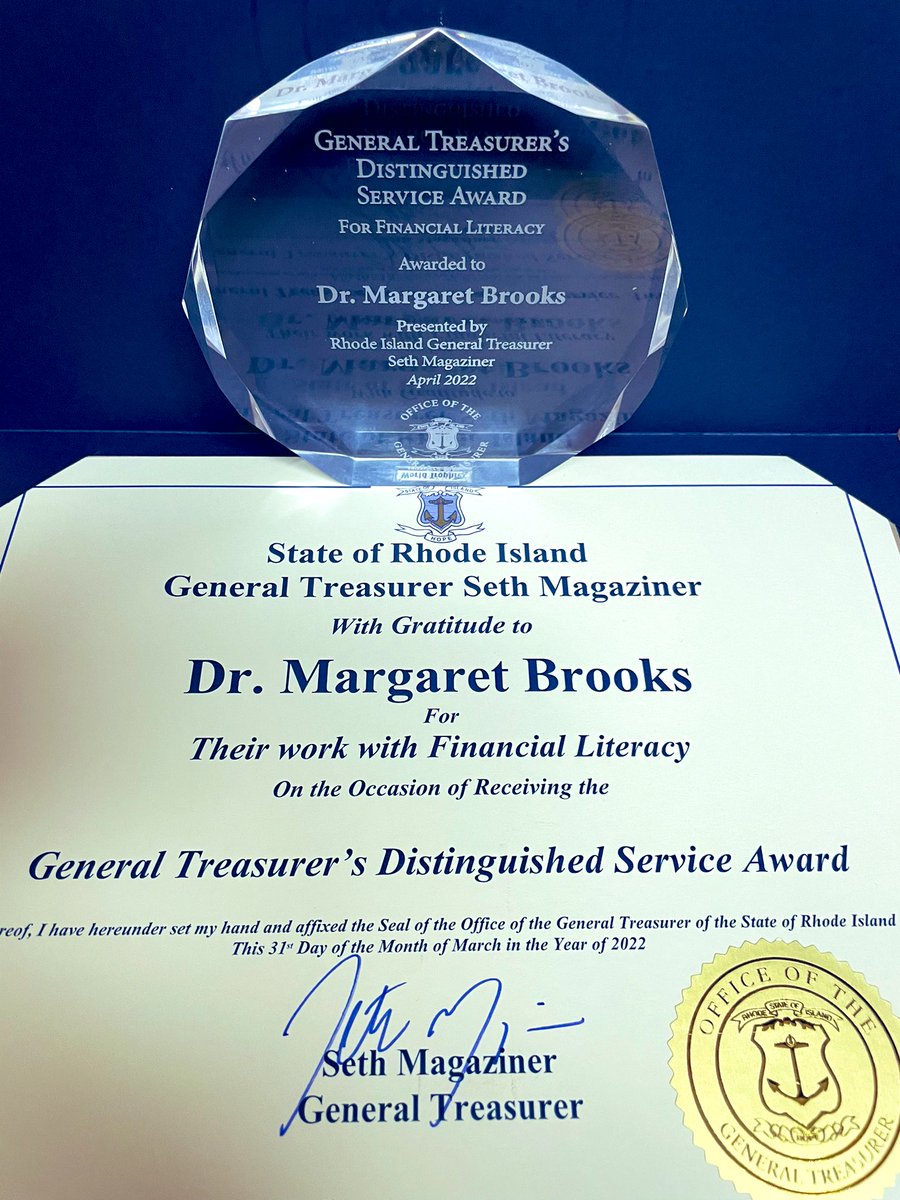 MargaretABrooks's tweet photo. I was deeply honored to be  among the 6 individuals recognized at RI State House today with a 2022 @RITreasury Distinguished Service Award by @SethMagaziner for my financial literacy leadership and advocacy work! #FinancialLiteracy #FinLit #FinLitRI #Award https://t.co/edX5raQnQR