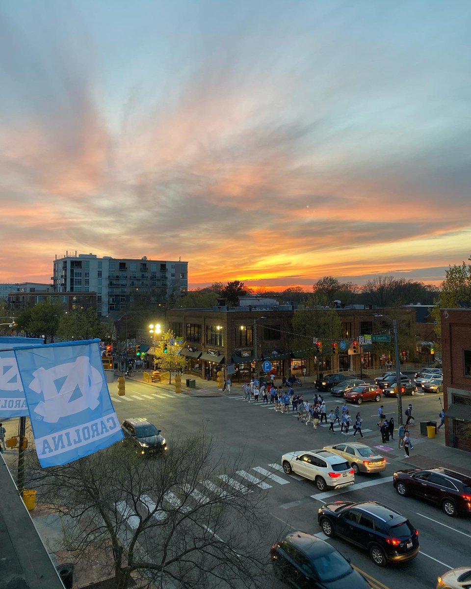 Sun sets over Chapel Hill on #ChampionshipMonday #UNCvsKansas