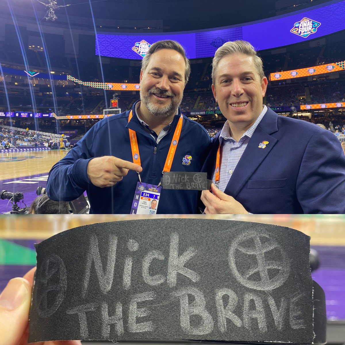 BHanni's tweet photo. Tonite’s #KUCancerFighter tribute goes to a hero of mine &amp; dear friend of Coach Self. Nicholas Parscale bravely battled brain cancer for 5 years, spreading positivity &amp; love throughout. Before he passed last summer he told Coach to go win a title. Tonite is for Nick The Brave! https://t.co/Uy5qAyJXss