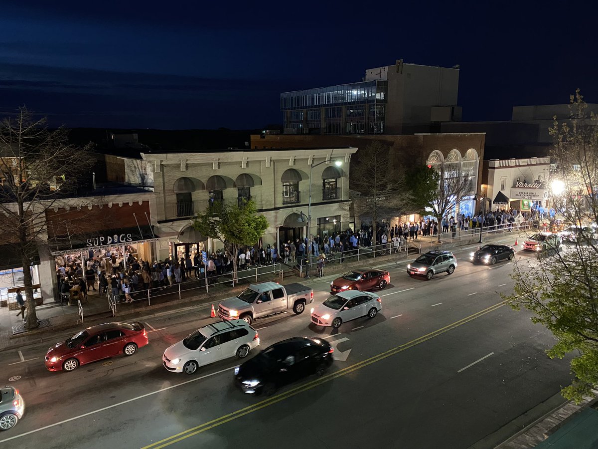 .<a href="/varsitytheatre/">Varsity Theatre</a> is about to turn Carolina Blue… check out this line to get in. The Franklin St. staple is sold out for tonight’s national championship watch party. #UNCvsKansas
