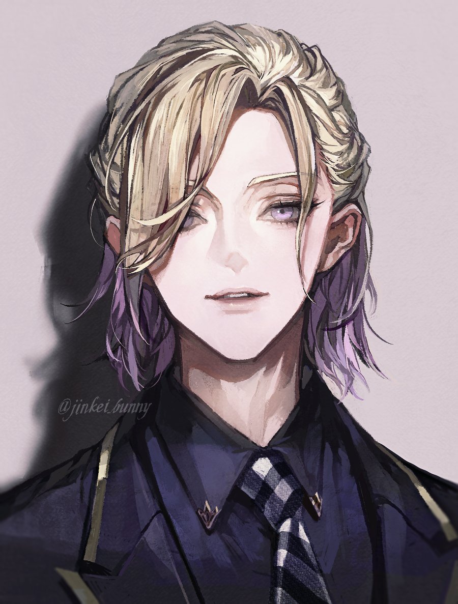 1boy male focus solo necktie blonde hair shirt purple eyes  illustration images