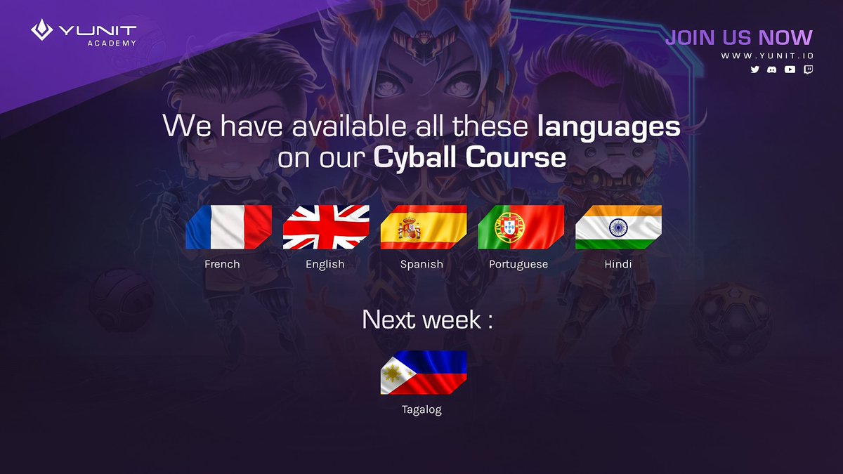 YunitGaming's tweet photo. HOT NEWS!🔥

We now have subtitles available in these languages for the #Cyball Course at the #YunitAcademy!

🇫🇷 French
🇬🇧🇺🇸 English
🇪🇸 Spanish
🇵🇹🇧🇷 Portuguese
🇮🇳 Hindi

What are you waiting for?👇🏽
https://t.co/1KR8XeM2Y6 https://t.co/2bn5KPVgGI