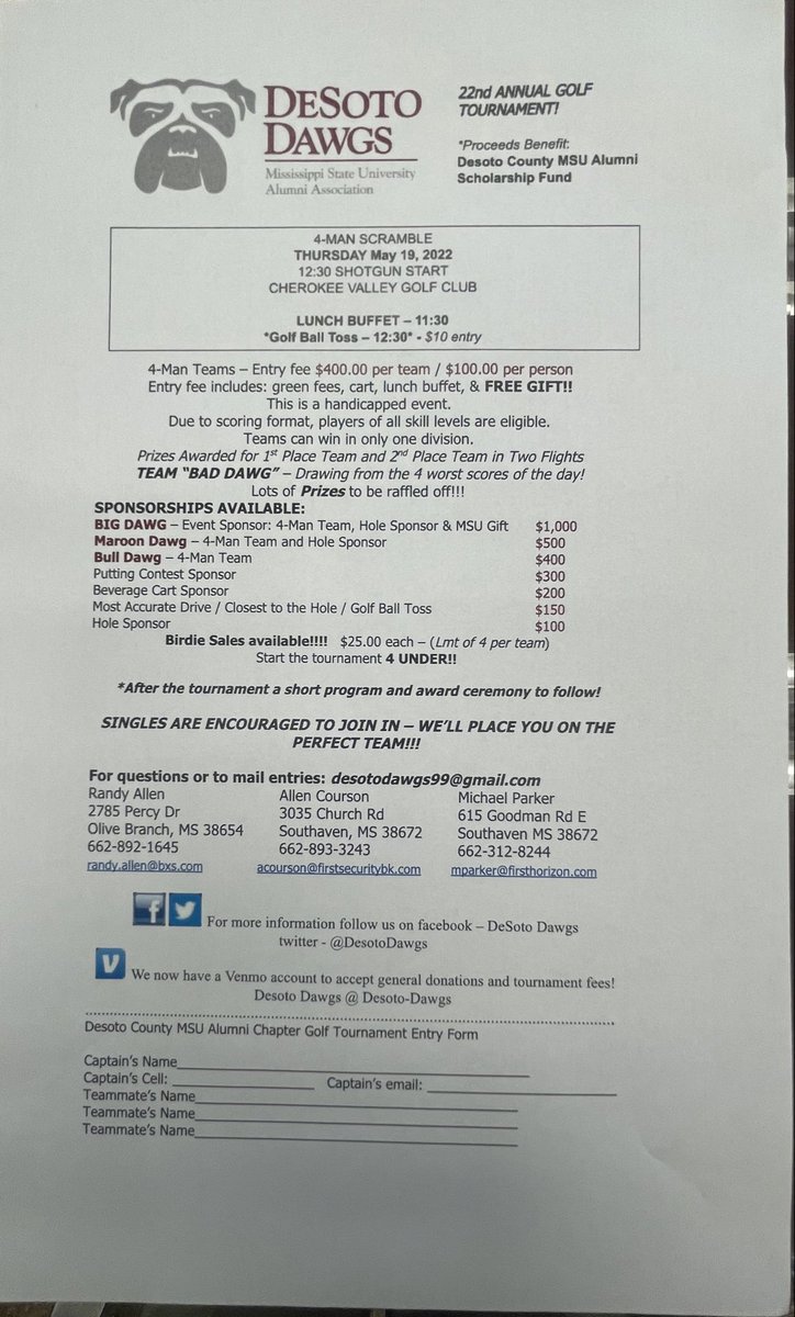 It’s that’s time of year again. This golf tournament has helped raise $95K in scholarships for Desoto County Seniors over the last 21 years. Help us keep it going with a team, sponsorship, or donation. It is greatly appreciated. #hailstate