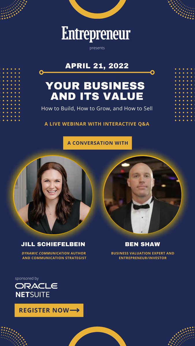 dynamicjill's tweet photo. Do you know what your business is worth? Join @Entrepreneur and @NetSuite for this free #webinar featuring business valuation expert and Ben Shaw in a conversation with #dynamiccommunication author @dynamicjill #business #businessvaluation https://t.co/W6ngxeqLa1 https://t.co/jp8569zCf7