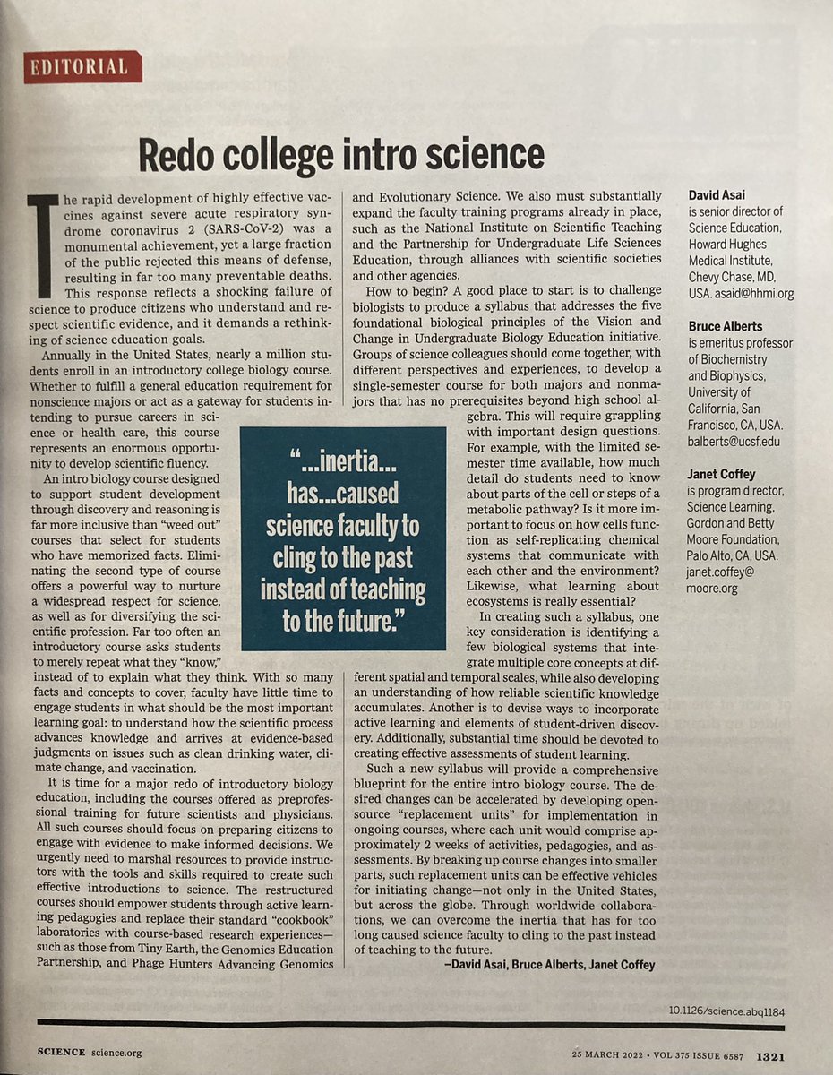 pkstrode's tweet photo. The movers and shakers of higher science education might consider consulting with highly effective high school science teachers as they “redo college intro science.” I know quite a few willing and qualified to help. No mention of that strategy here though. 
@ScienceMagazine https://t.co/2bTn9jDI0V