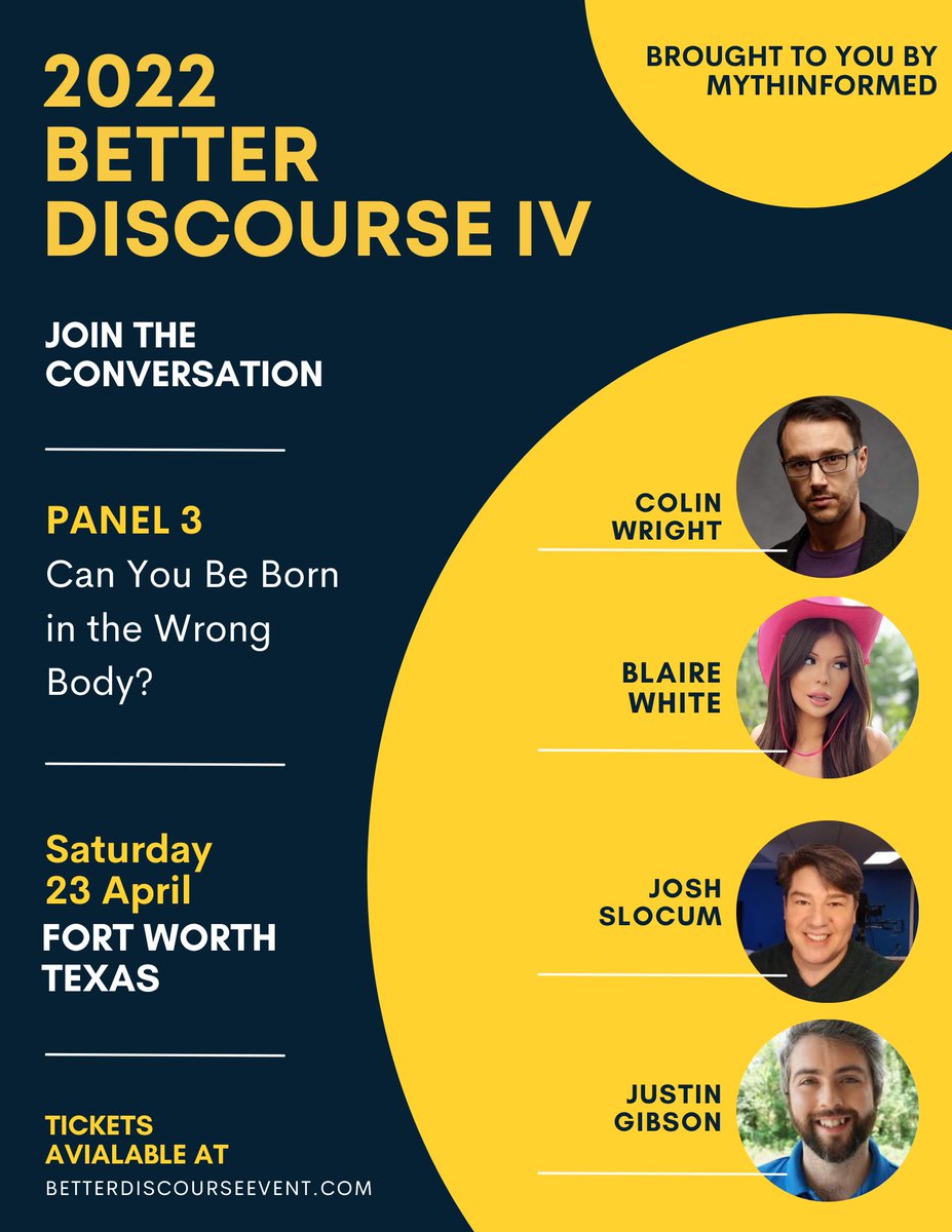 SwipeWright's tweet photo. Join me at the #BetterDiscourse Conference in Fort Worth, TX, with @blairewhite, @joshslocum, and @JanglesLad to hear us discuss "Can You Be Born in the Wrong Body?" 🤔
TICKETS: https://t.co/x8nuqWQ3e0 https://t.co/YW8lwXhHKY
