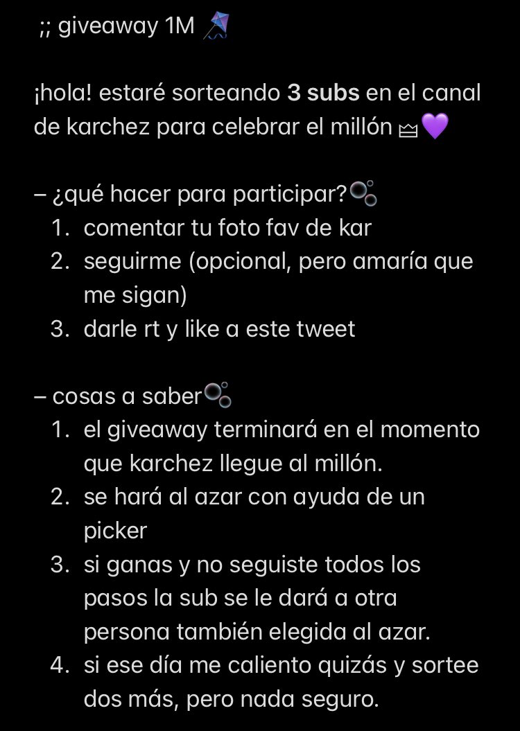 krissly261's tweet photo. giveaway !! 👑💜

¡hola! haré un giveaway de 3 subs en el canal de karchez como mini "proyecto" por el millón.

‼️ leer la imagen para saber como para saber cómo participar y más info <33

mucha suerte a todxs, les tqm ❤️‍🔥 https://t.co/Lt9GgLrSg5