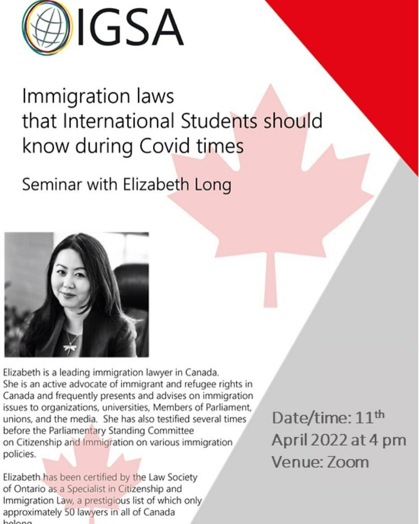 IGSA invites you to an immigration seminar on 11th April at 4pm. Zoom link will be sent to Mac email on 6th April 2022. #immigrationseminar #igsa #mcmasteruniversity instagr.am/p/Cb8tip0rB6c/
