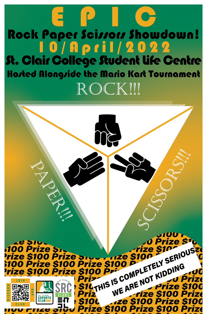 SCEsportsClub's tweet photo. Are you a master of Rock, Paper, Scissors?? 
Do you want to win $100 playing Rock, Paper, Scissors??
Then come on out to the Mario Kart Event on Sunday April 10ths and enter the free RPS tournament. Winner takes home $100 Dollars.
Open to everyone in our community student or not! https://t.co/McJ7HHtOAa