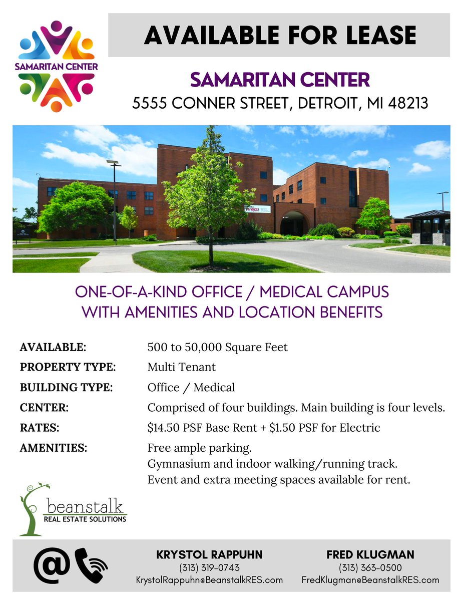 4/4 For more information, contact Krystol Rappuhn at (313)319-0743 or KrystolRappuhn@BeanstalkRES.com. 
💰 Asking $14.50 PSF Base Rent + $1.50 PSF for Electric
samaritancenterdetroit.org/leasing/