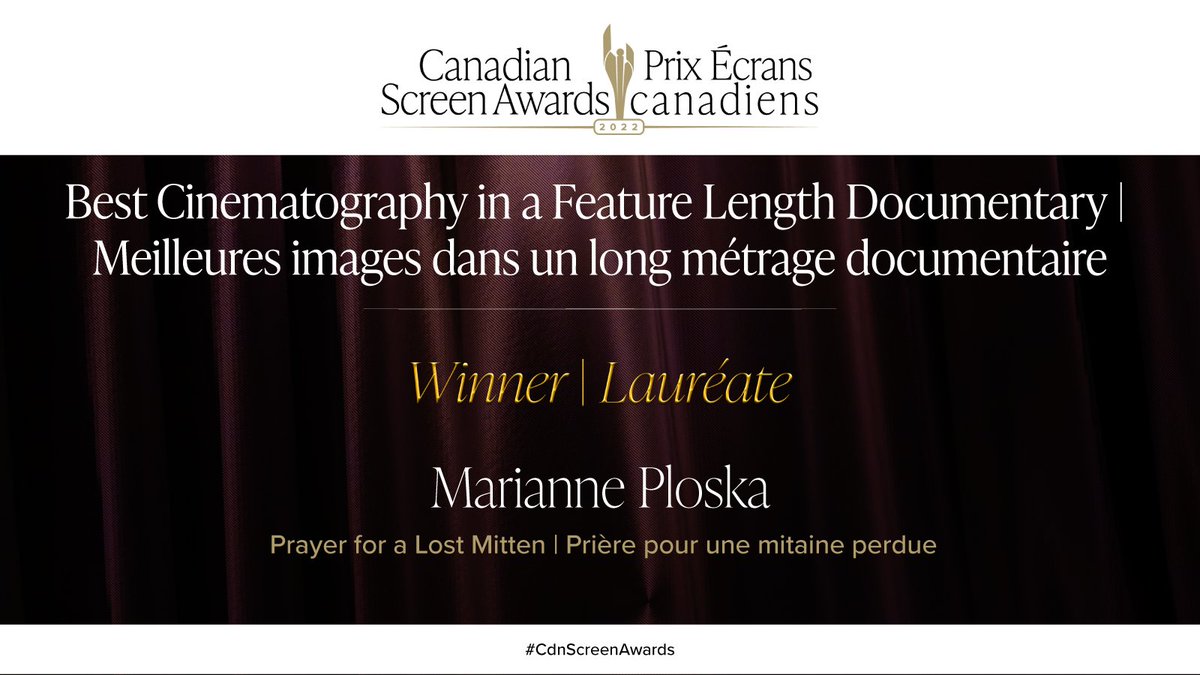 TheCdnAcademy's tweet photo. The winner for Best Cinematography in a Feature Length Documentary is Marianne Ploska, for “Prayer for a Lost Mitten/Prière pour une mitaine perdue.” Congratulations! #CdnScreenAwards https://t.co/QumZTnSggf