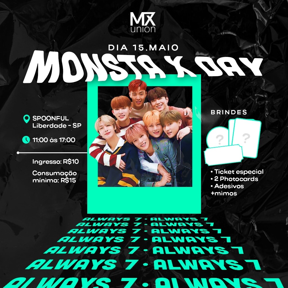 SweetKihyunBr's tweet photo. 💚Monsta X Day - Always 7💚
🗓 15.05.2022
🕒 11:00 as 17:00 horas
📍R. Thomaz Gonzaga, 45G - Liberdade, São Paulo - SP, 01506-020
🎫Compre o seu ingresso aqui: https://t.co/6bgQGajTKP
🍨Consumação mínima de R$15,00
#MonstaXDay #Always7
@OfficialMonstaX
@official__wonho https://t.co/lE7CdZuA0D