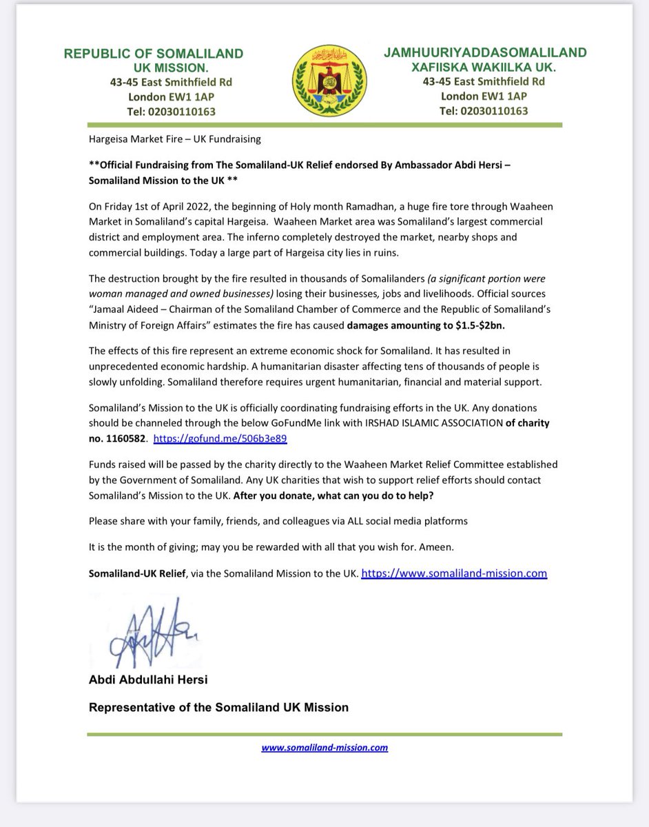 SLandUKrelief's tweet photo. From the Representative of the Somaliland Mission to the UK. @SomalilandinUK

#SomalilandUKRelief #HargeisaFireSL https://t.co/DnCXGi2Je3