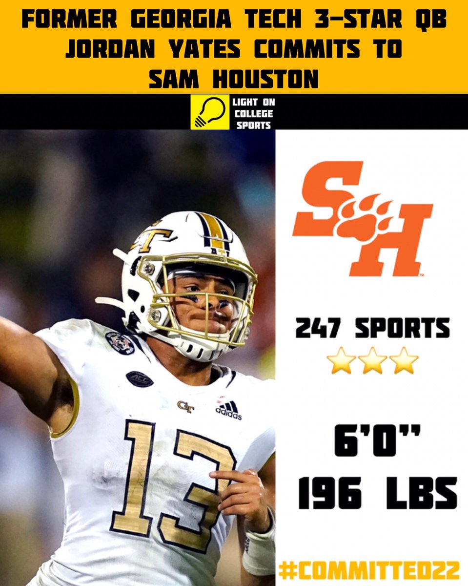 LightOnSports's tweet photo. Former Georgia Tech 3-Star Qb Jordan Yates Has Committed To Sam Houston. 🔥 #Committed22
(📸: @jor_yates ) https://t.co/PXDznybEuW