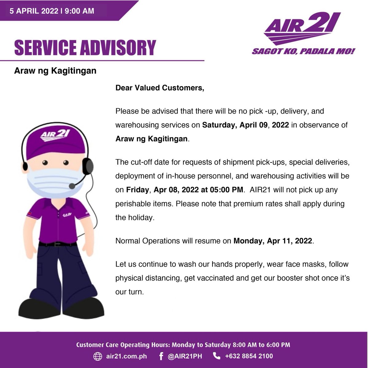 AIR21PH's tweet photo. AIR21 SERVICE ADVISORY
As of April 5, 2022 

#ArawNgKagitingan2022
#ArawNgKagitingan
#AIR21
#DoorToDoorDelivery
#LogisticsPH https://t.co/JOIBkeVRGJ