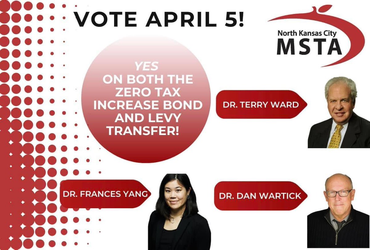 nkcmsta's tweet photo. TOMORROW is the day to get out there and VOTE! We encourage everyone to check YES on the Zero Tax Increase Bond ✅ and the Levy Transfer. ✅ #NorthKansasCity #CheckYes #GoVote @TerryWardKC @Dan_Wartick_NKC #FrancisYang https://t.co/rpoJpAmAHr