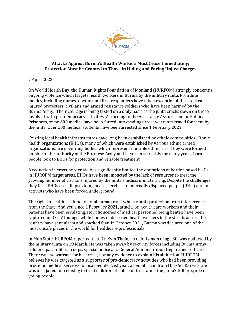 HURFOM's tweet photo. On #WorldHealthDay , HURFOM calls for the protection of health workers in #Burma who have been targeted by the military junta &amp; forced underground. #EHOs must be supported with funding to ensure they can respond to the current crisis + needs of #IDPs, activists in hiding. https://t.co/IKqCEnJdlg