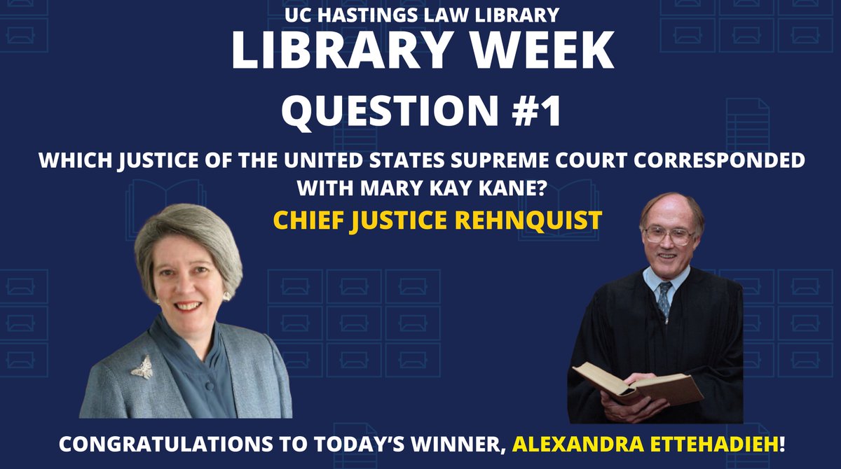 uclawsflibrary's tweet photo. Which Justice of the United States Supreme Court corresponded with Mary Kay Kane?

Justice Rehnquist!

Congratulations to Alexandra Ettehadieh who won our Philz gift card.

Come back tomorrow to play again! We are excited to celebrate Library Week with you! https://t.co/5RiqQN82Tc