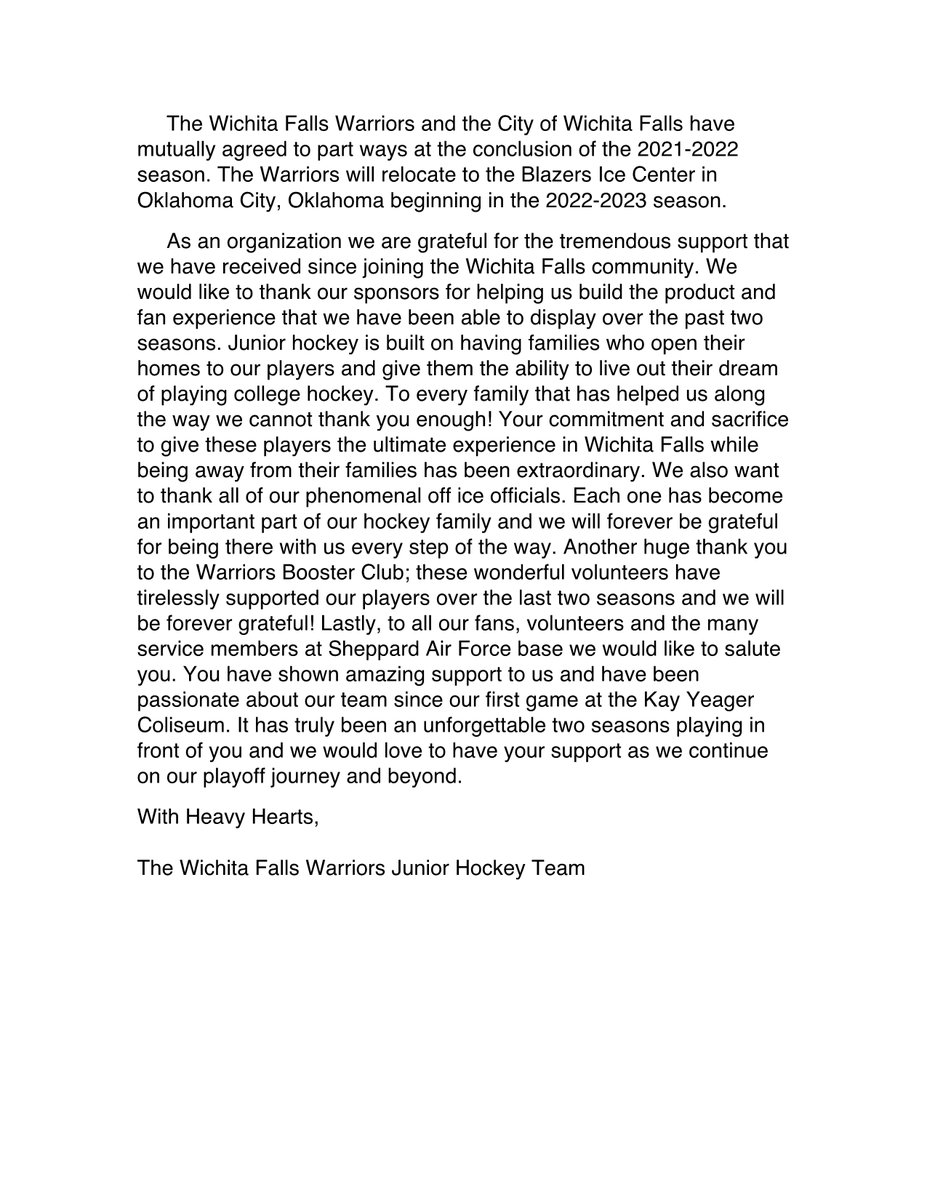 OKWarriors_NAHL's tweet photo. Wichita Falls Warriors and the City of Wichita Falls have mutually agreed to part ways at the conclusion of the 2021-2022 season. 

The Warriors will relocate to the Blazers Ice Center in Oklahoma City, Oklahoma beginning the 2022-2023 season. https://t.co/6RUaNacHrM