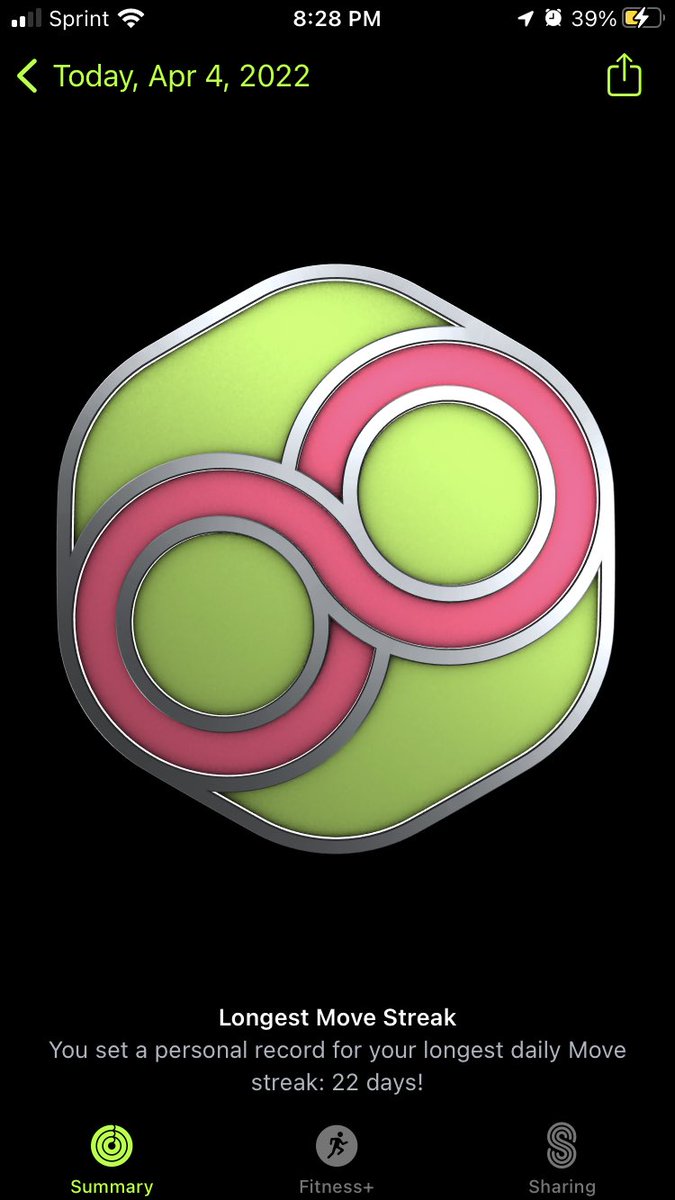 YourGoodKarma_'s tweet photo. This is keeping me going so far! I do not want to mess up my move streak. 22 days and counting. Whew when I do break it to get it again will be a task but I’m up for it. #activityapp https://t.co/owoMQOV13V