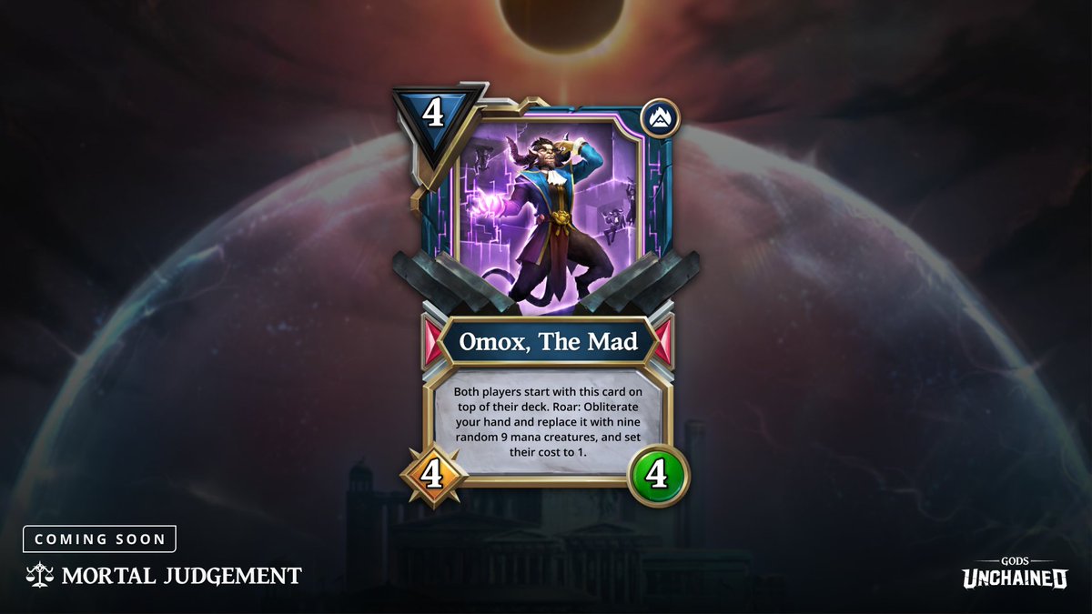A visceral sign of a world in decline? Or a madman moving between dreams? Omox, The Mad, the one-of-a-kind Mythic card will be hiding somewhere in a Mortal Judgement pack. 

Will you be the one to harness the chaos?