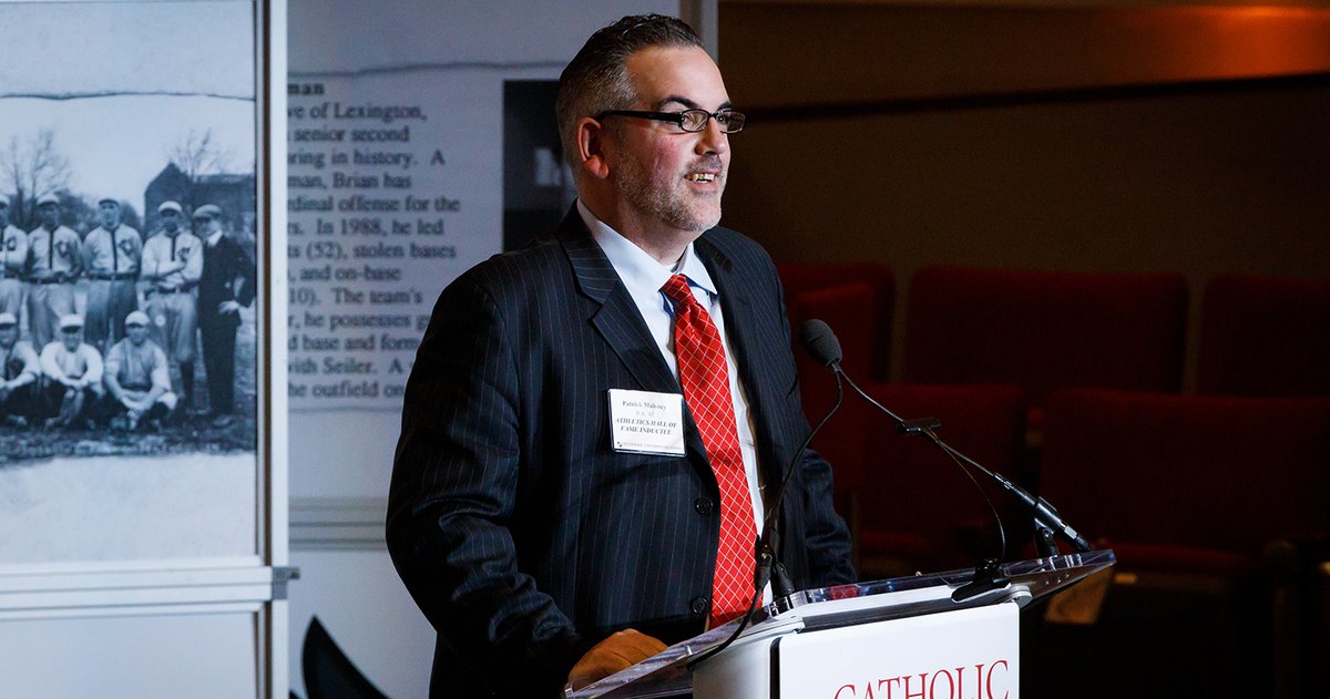 CatholicUalumni's tweet photo. Player. Teammate. Champion. MVP. Hall of Famer. On Saturday, we joined @CatholicU_Cards in welcoming Patrick Maloney, B.A. 2002, into the Athletics Hall of Fame. Meet Maloney and view footage from that @NCAADIII championship game on #StPatricksDay 2001. https://t.co/natWeLqGQl https://t.co/YbYMZlbnPf